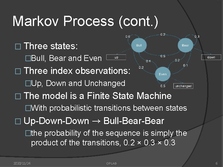 Markov Process (cont. ) � Three states: �Bull, Bear and Even � Three index