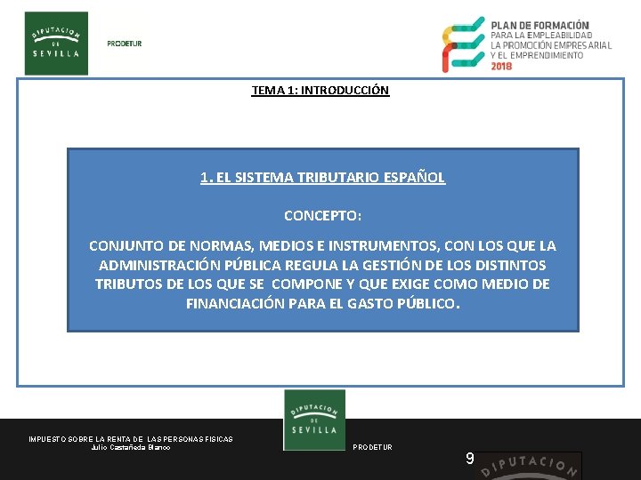 TEMA 1: INTRODUCCIÓN 1. EL SISTEMA TRIBUTARIO ESPAÑOL CONCEPTO: CONJUNTO DE NORMAS, MEDIOS E