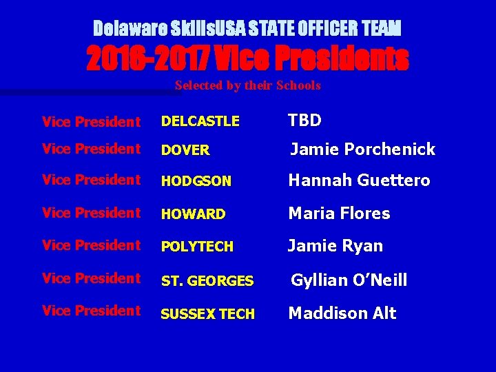 Delaware Skills. USA STATE OFFICER TEAM 2016 -2017 Vice Presidents Selected by their Schools