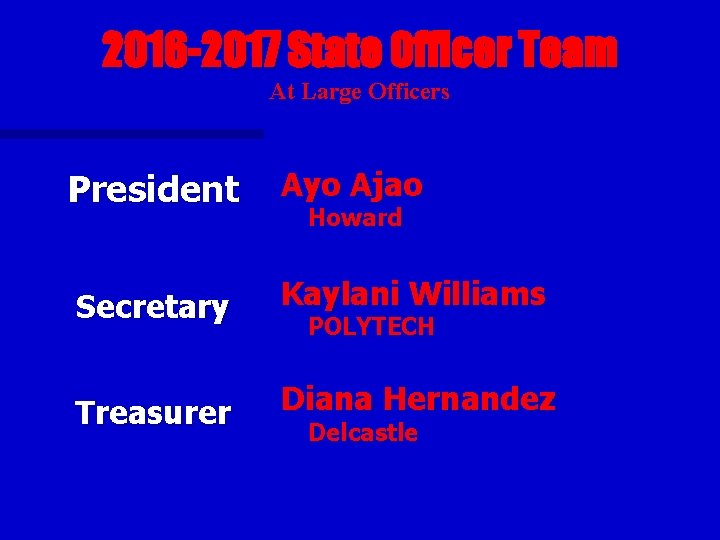 2016 -2017 State Officer Team At Large Officers President Ayo Ajao Secretary Kaylani Williams