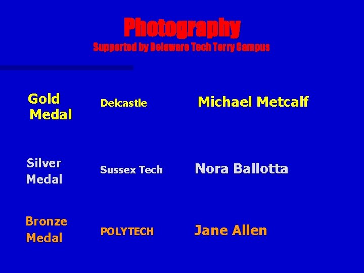 Photography Supported by Delaware Tech Terry Campus Gold Medal Delcastle Michael Metcalf Silver Medal
