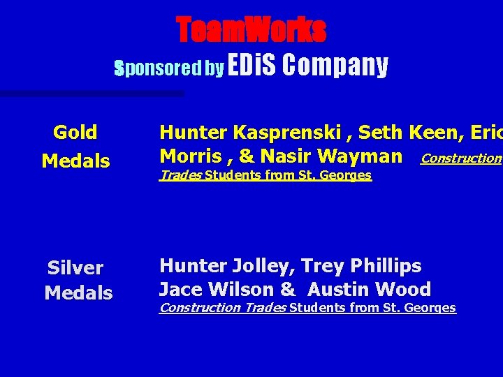 Team. Works Sponsored by EDi. S Company Gold Medals Hunter Kasprenski , Seth Keen,