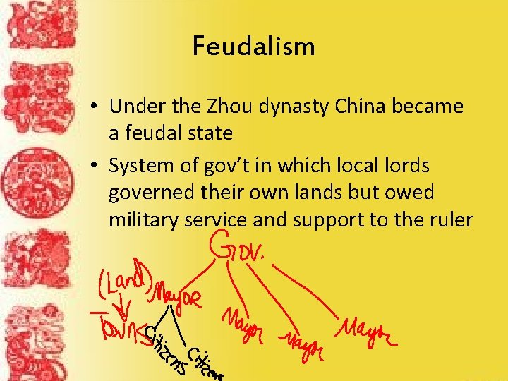Feudalism • Under the Zhou dynasty China became a feudal state • System of