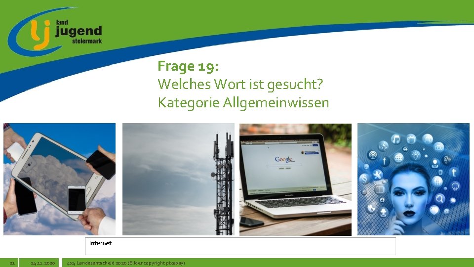 Frage 19: Welches Wort ist gesucht? Kategorie Allgemeinwissen 21 24. 11. 2020 4 x