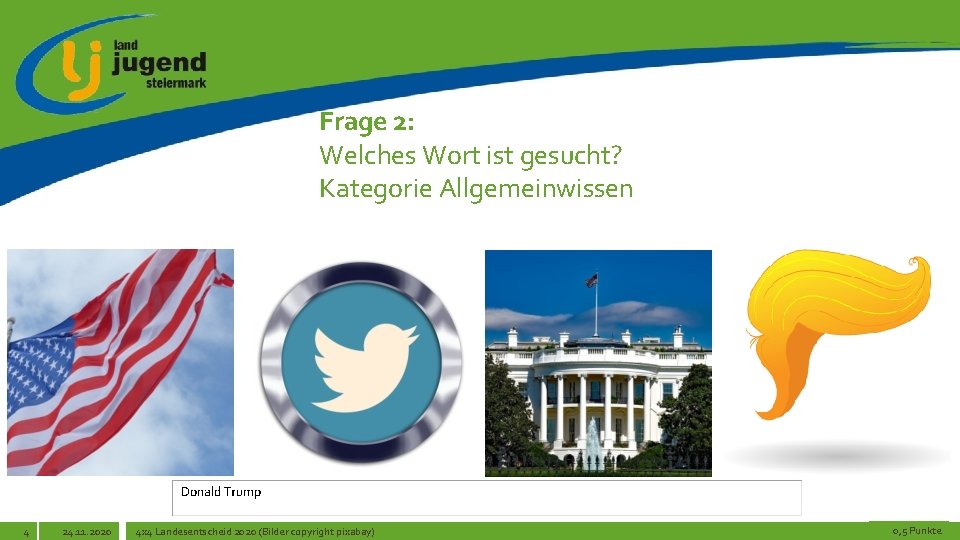 Frage 2: Welches Wort ist gesucht? Kategorie Allgemeinwissen 4 24. 11. 2020 4 x