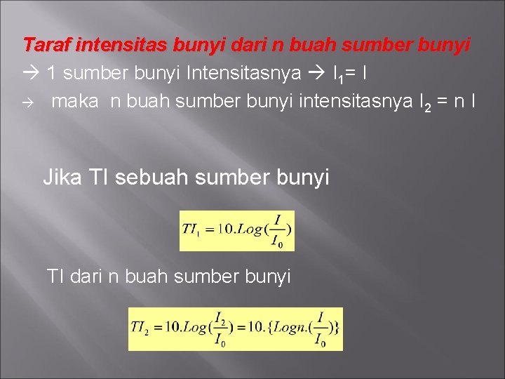 Taraf intensitas bunyi dari n buah sumber bunyi 1 sumber bunyi Intensitasnya I 1=