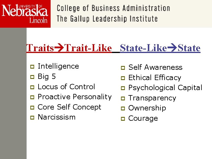 Traits Trait-Like State p p p Intelligence Big 5 Locus of Control Proactive Personality