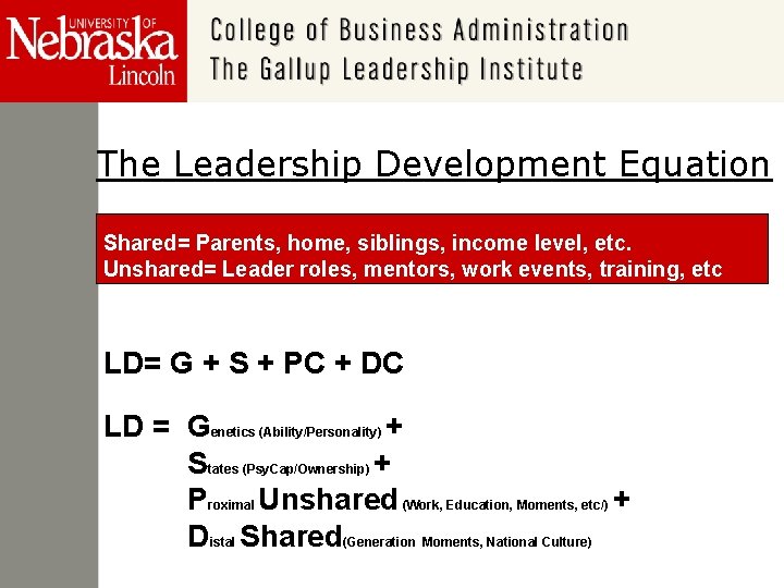 The Leadership Development Equation Shared= Parents, home, siblings, income level, etc. Unshared= Leader roles,