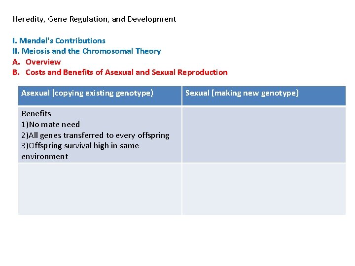 Heredity, Gene Regulation, and Development I. Mendel's Contributions II. Meiosis and the Chromosomal Theory