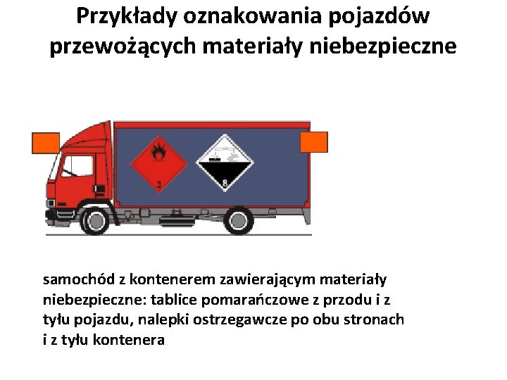 Przykłady oznakowania pojazdów przewożących materiały niebezpieczne samochód z kontenerem zawierającym materiały niebezpieczne: tablice pomarańczowe