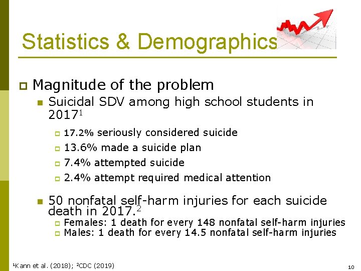 Statistics & Demographics p Magnitude of the problem n n Suicidal SDV among high