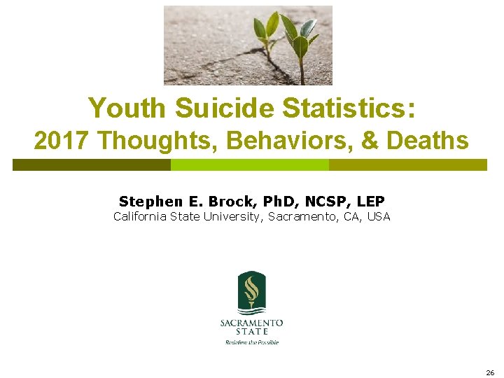 Youth Suicide Statistics: 2017 Thoughts, Behaviors, & Deaths Stephen E. Brock, Ph. D, NCSP,