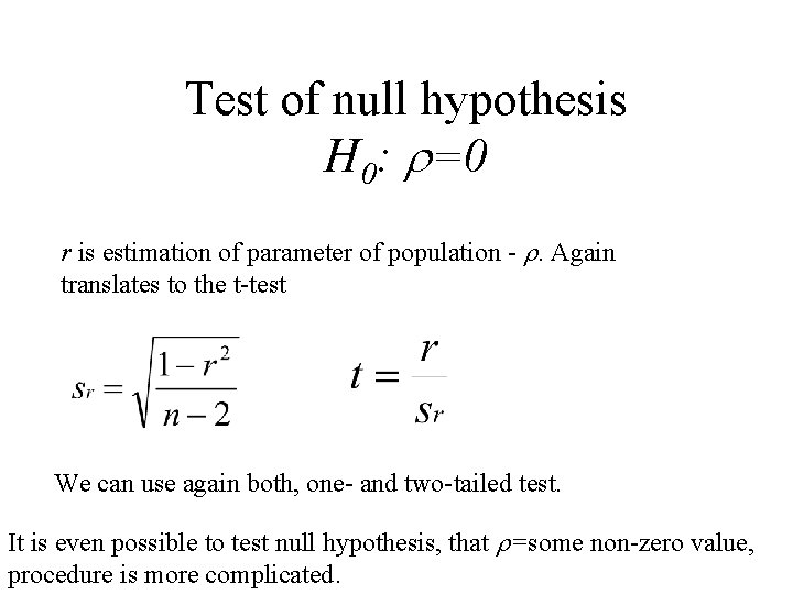 Test of null hypothesis H 0: =0 r is estimation of parameter of population