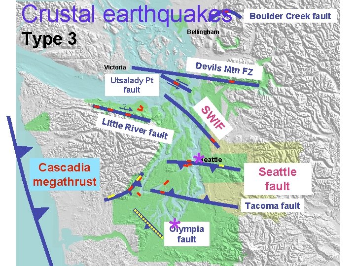 Crustal earthquakes Boulder Creek fault Bellingham Type 3 Devils Mt n FZ Victoria Utsalady