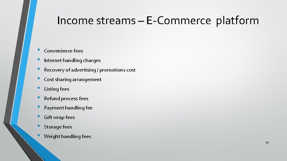 Income streams – E-Commerce platform • • • Convenience fees Internet handling charges Recovery