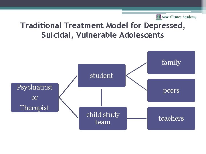 Traditional Treatment Model for Depressed, Suicidal, Vulnerable Adolescents family student Psychiatrist or Therapist peers