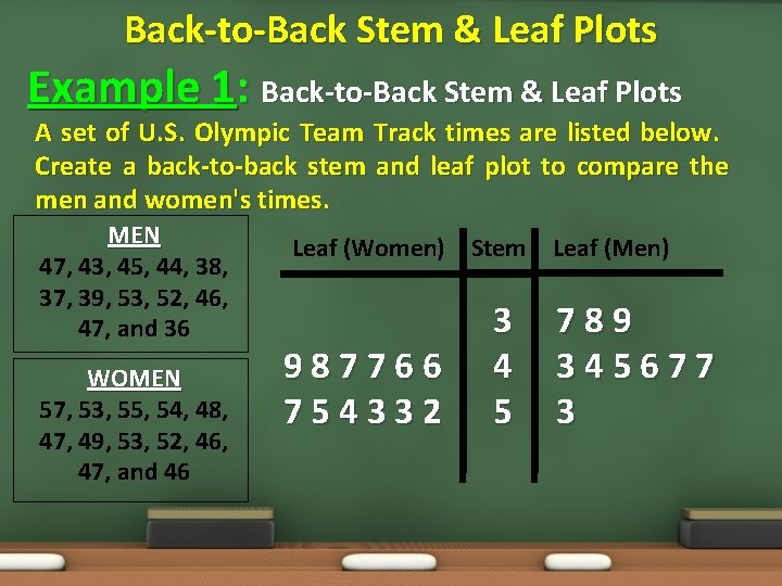 Back-to-Back Stem & Leaf Plots Example 1: Back-to-Back Stem & Leaf Plots A set