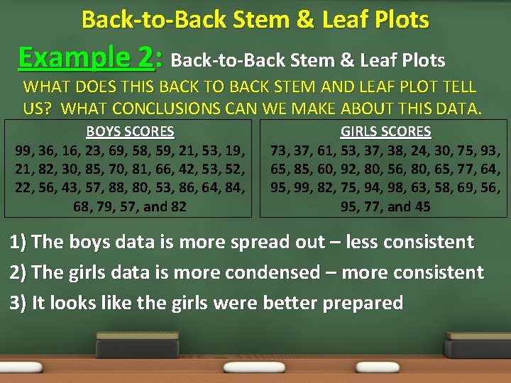 Back-to-Back Stem & Leaf Plots Example 2: Back-to-Back Stem & Leaf Plots WHAT DOES