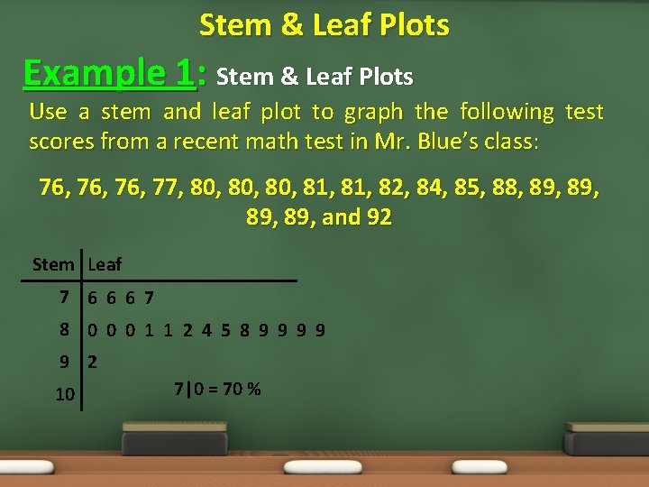Stem & Leaf Plots Example 1: Stem & Leaf Plots Use a stem and