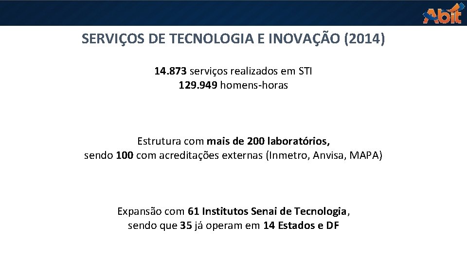 SERVIÇOS DE TECNOLOGIA E INOVAÇÃO (2014) 14. 873 serviços realizados em STI 129. 949