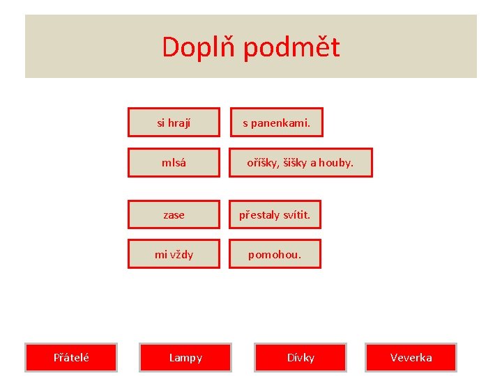 Doplň podmět si hrají mlsá Přátelé s panenkami. oříšky, šišky a houby. zase přestaly Doplň podmět si hrají mlsá Přátelé s panenkami. oříšky, šišky a houby. zase přestaly