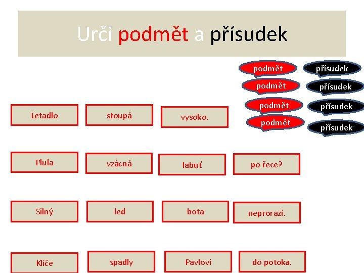 Urči podmět a přísudek podmět Letadlo stoupá podmět vysoko. Plula vzácná Silný led bota