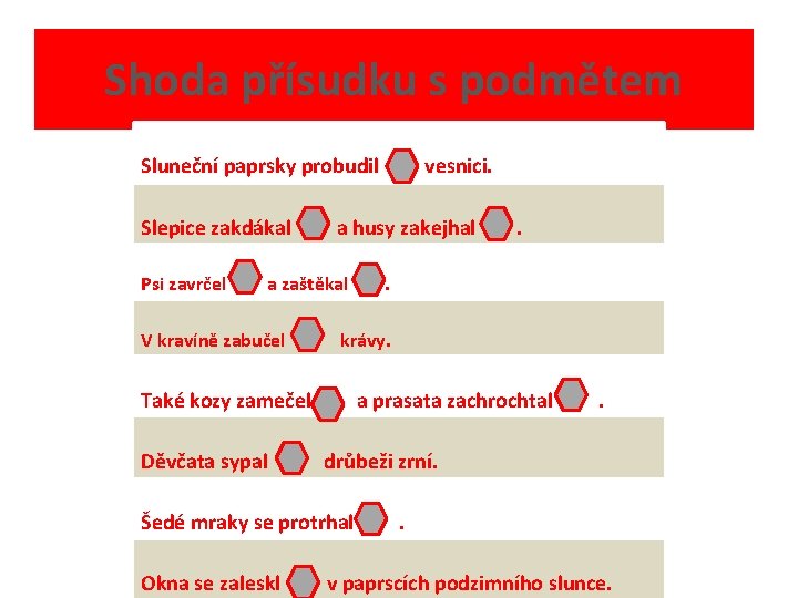 Shoda přísudku s podmětem Sluneční paprsky probudil y Slepice zakdákal y Psi zavrčel i