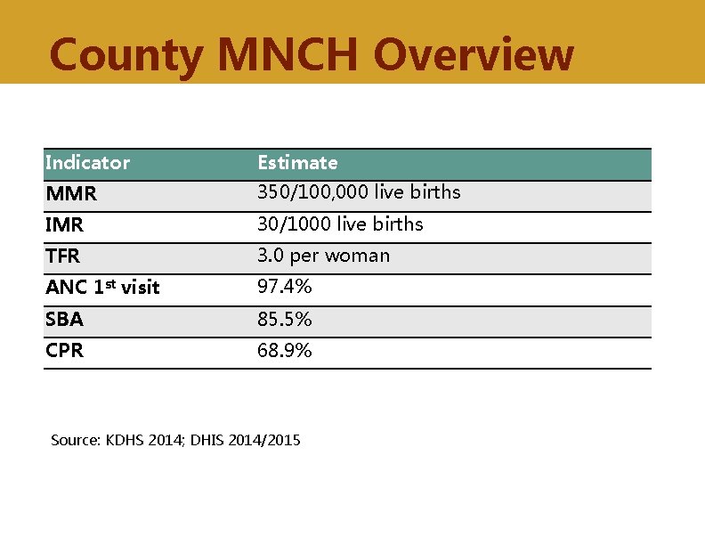 County MNCH Overview Indicator Estimate MMR 350/100, 000 live births IMR 30/1000 live births