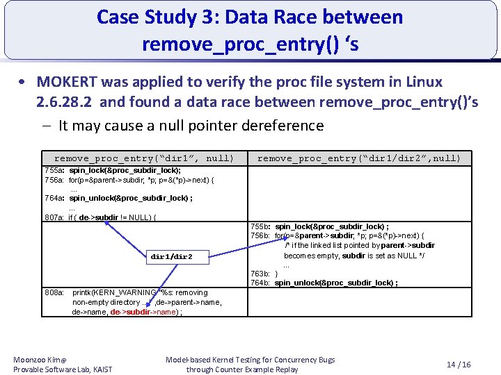 Case Study 3: Data Race between remove_proc_entry() ‘s • MOKERT was applied to verify