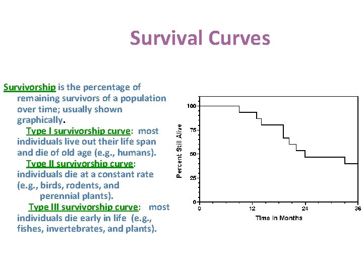 Survival Curves Survivorship is the percentage of remaining survivors of a population over time;