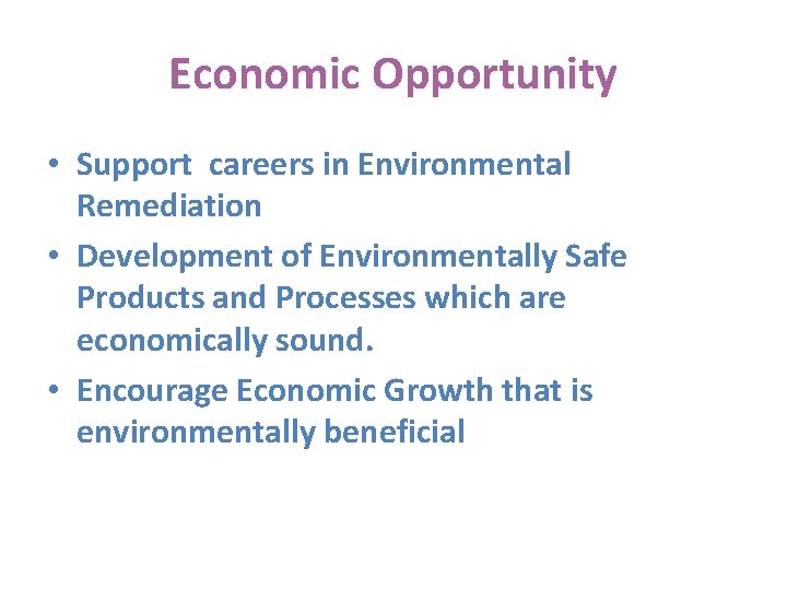 Economic Opportunity • Support careers in Environmental Remediation • Development of Environmentally Safe Products