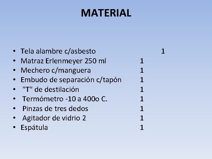 MATERIAL • • • Tela alambre c/asbesto Matraz Erlenmeyer 250 ml Mechero c/manguera Embudo