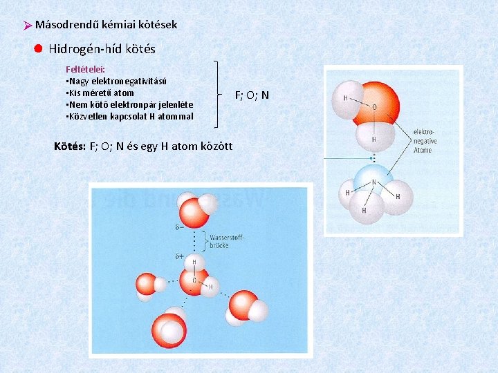  Másodrendű kémiai kötések ● Hidrogén-híd kötés Feltételei: • Nagy elektronegativitású • Kis méretű