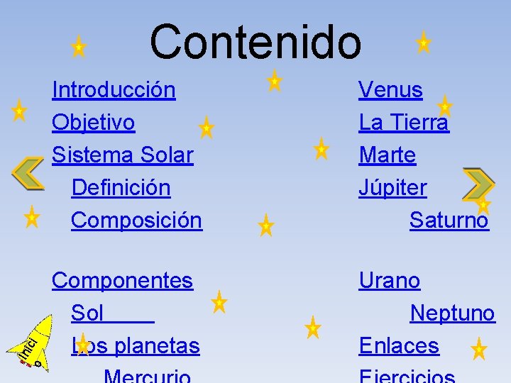 o Ini ci Contenido Introducción Objetivo Sistema Solar Definición Composición Venus La Tierra Marte