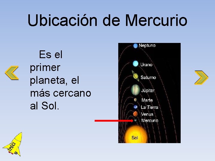 Ubicación de Mercurio o Ini ci Es el primer planeta, el más cercano al