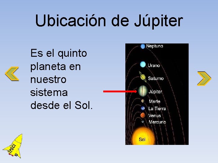 Ubicación de Júpiter o Ini ci Es el quinto planeta en nuestro sistema desde
