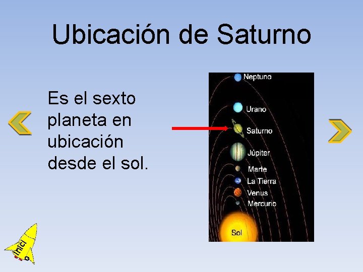 Ubicación de Saturno o Ini ci Es el sexto planeta en ubicación desde el