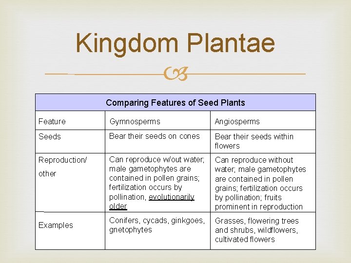 Kingdom Plantae Comparing Features of Seed Plants Feature Gymnosperms Angiosperms Seeds Bear their seeds