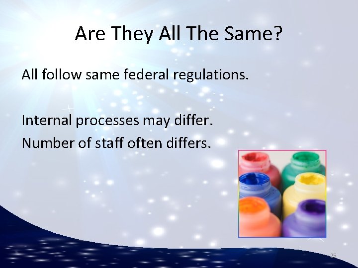 Are They All The Same? All follow same federal regulations. Internal processes may differ.