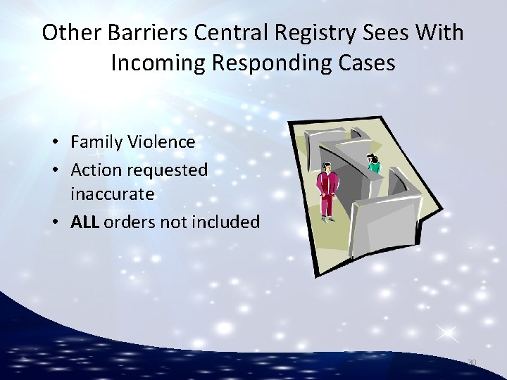 Other Barriers Central Registry Sees With Incoming Responding Cases • Family Violence • Action