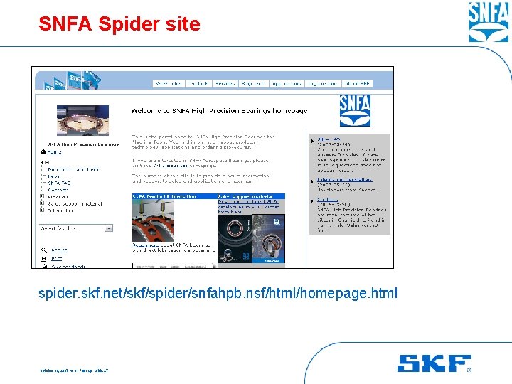 SNFA Spider site spider. skf. net/skf/spider/snfahpb. nsf/html/homepage. html October 30, 2007 © SKF Group