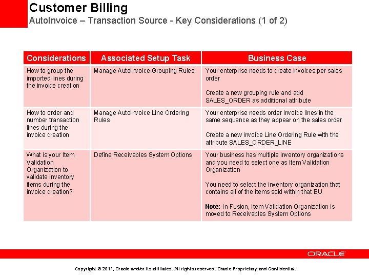Customer Billing Auto. Invoice – Transaction Source - Key Considerations (1 of 2) Considerations