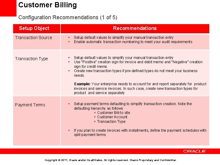 Customer Billing Configuration Recommendations (1 of 5) Setup Object Recommendations Transaction Source • •