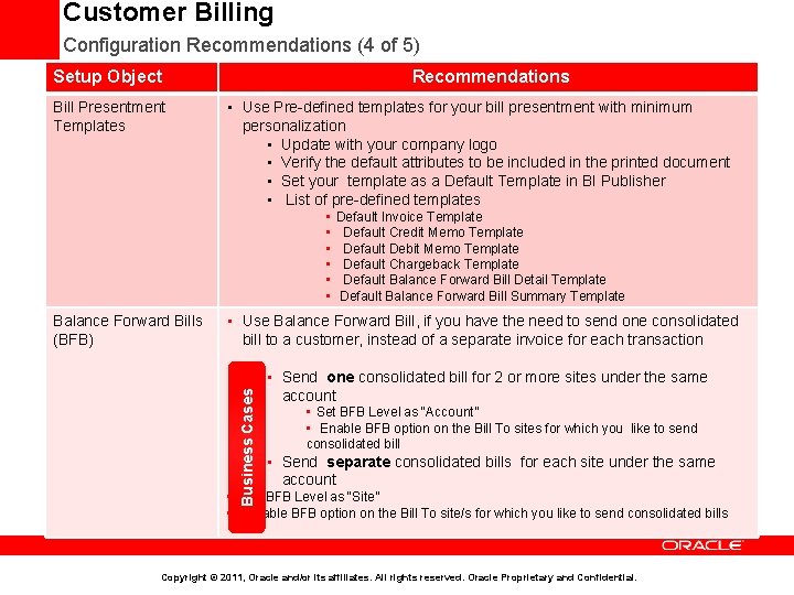 Customer Billing Configuration Recommendations (4 of 5) Setup Object Bill Presentment Templates Recommendations •