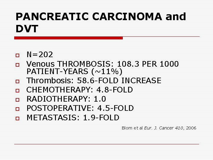 PANCREATIC CARCINOMA and DVT o o o o N=202 Venous THROMBOSIS: 108. 3 PER