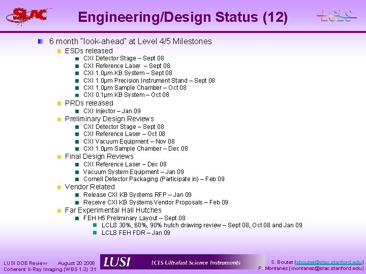 Engineering/Design Status (12) 6 month “look-ahead” at Level 4/5 Milestones ESDs released CXI Detector