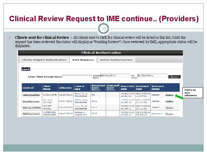 Clinical Review Request to IME continue. . (Providers) 15 § Clients sent for clinical