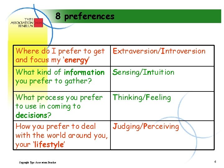 8 preferences Where do I prefer to get and focus my ‘energy’ Extraversion/Introversion What