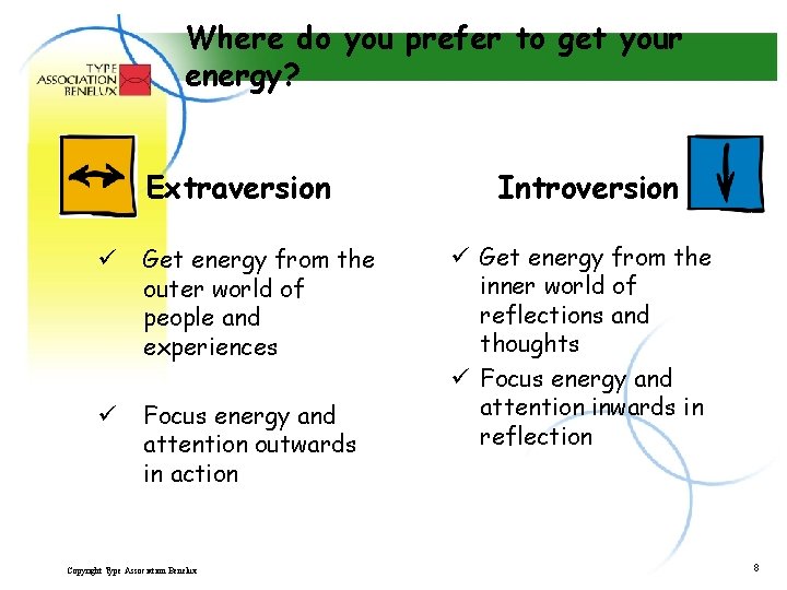 Where do you prefer to get your energy? Extraversion ü Get energy from the