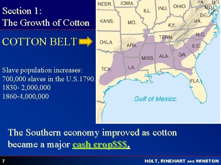 Section 1: The Growth of Cotton COTTON BELT CALL TO HOLT FREEDOM Beginnings to